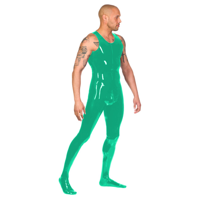 Glossy PVC Leather Catsuit Mens Tank Faux Latex Bodysuit With Zip Back Through Crotch Catsuit Attached Socks Fetish Clubwear