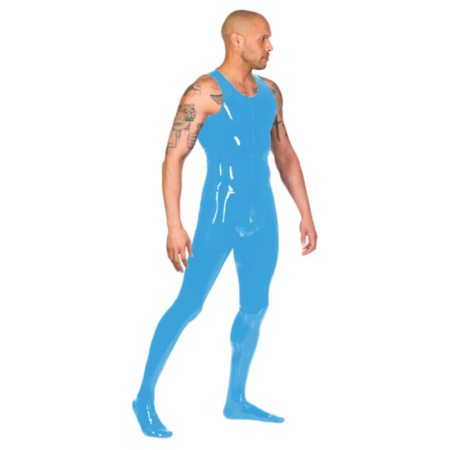 Glossy PVC Leather Catsuit Mens Tank Faux Latex Bodysuit With Zip Back Through Crotch Catsuit Attached Socks Fetish Clubwear