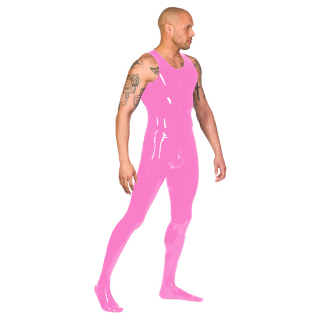 Glossy PVC Leather Catsuit Mens Tank Faux Latex Bodysuit With Zip Back Through Crotch Catsuit Attached Socks Fetish Clubwear