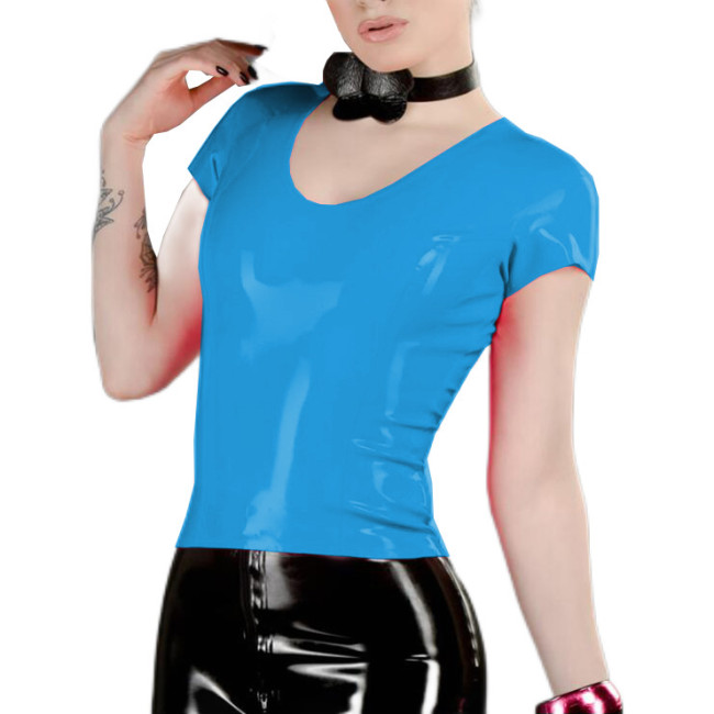 Shiny Shirt Wetlook PVC Patent Leather Short Sleeves Summer Sexy T-shirt Sheer Back Zipper T-Shirts Tops Clubwear Casual Clothes