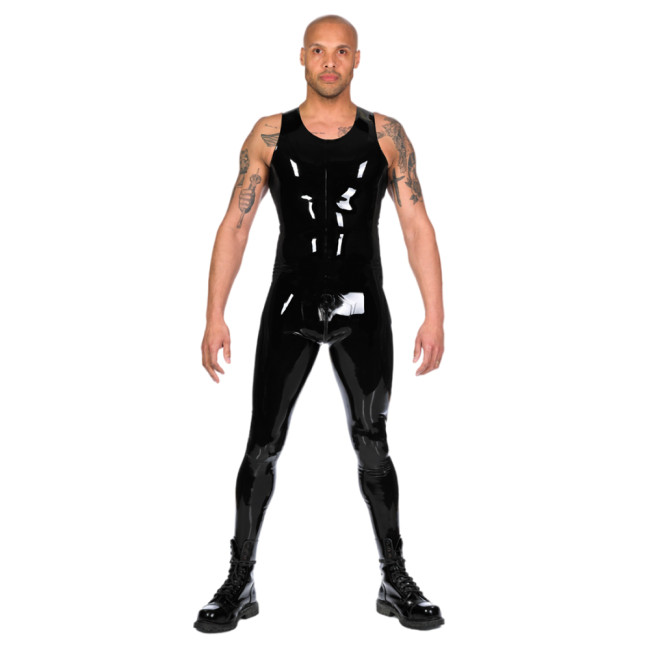 Glossy PVC Leather Catsuit Mens Tank Faux Latex Bodysuit With Zip Back Through Crotch Catsuit Attached Socks Fetish Clubwear