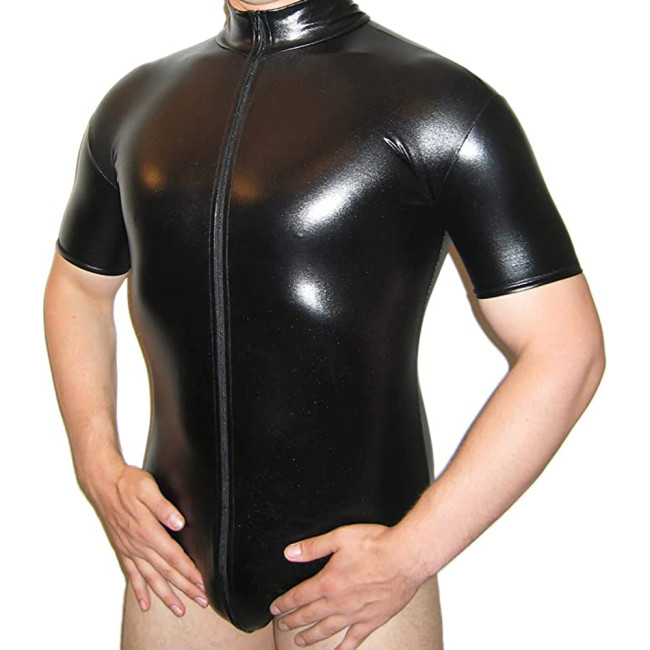 Male Vinyl Metallic Bodysuit Open Crotch Zipper Jumpsuit Clubwear Shiny Patent Leather Catsuit Lingerie Fetish Mens Costumes