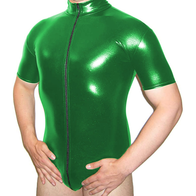 Male Vinyl Metallic Bodysuit Open Crotch Zipper Jumpsuit Clubwear Shiny Patent Leather Catsuit Lingerie Fetish Mens Costumes