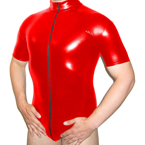 Male Vinyl Metallic Bodysuit Open Crotch Zipper Jumpsuit Clubwear Shiny Patent Leather Catsuit Lingerie Fetish Mens Costumes