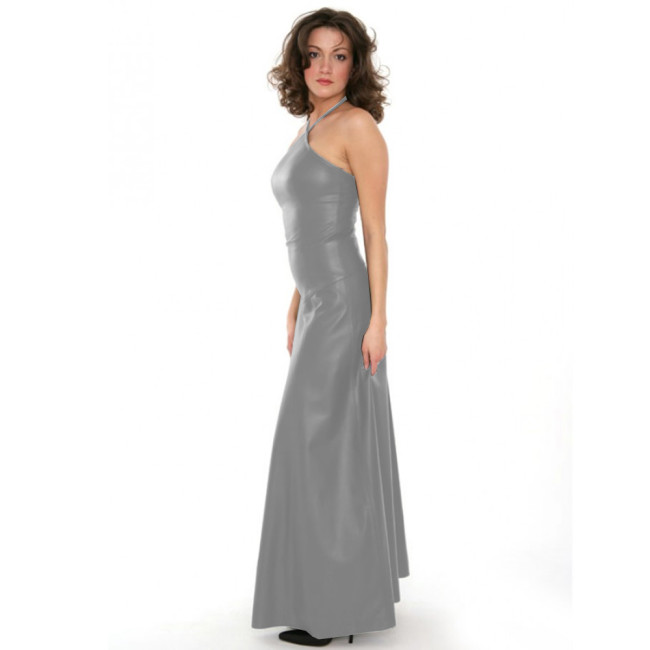 Sexy Halter PU Leather Maxi Dress Women Slim Stretch Backless Party Dress Faux Leather Sleeveless Big Hem Long Dress Clubwear