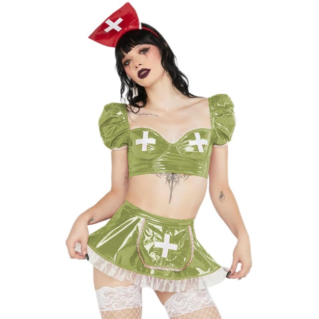 Fetish PVC Sexy Nurse Dress Sets Shiny Leather Frilly Puff Sleeve Crop Top Mini Skirt Party Cosplay Outfits Clubwear For Women