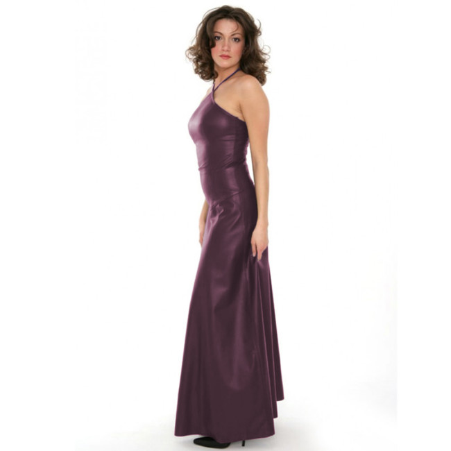 Sexy Halter PU Leather Maxi Dress Women Slim Stretch Backless Party Dress Faux Leather Sleeveless Big Hem Long Dress Clubwear
