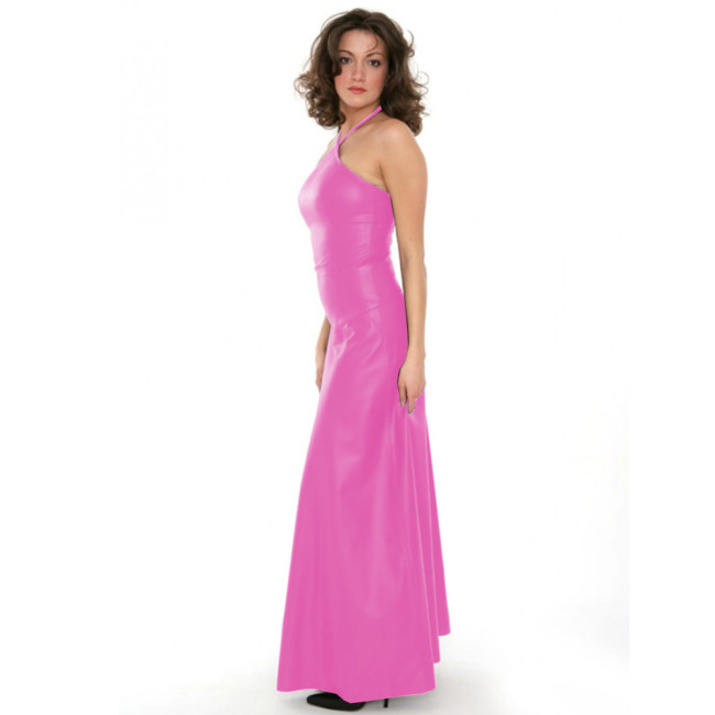 Sexy Halter PU Leather Maxi Dress Women Slim Stretch Backless Party Dress Faux Leather Sleeveless Big Hem Long Dress Clubwear