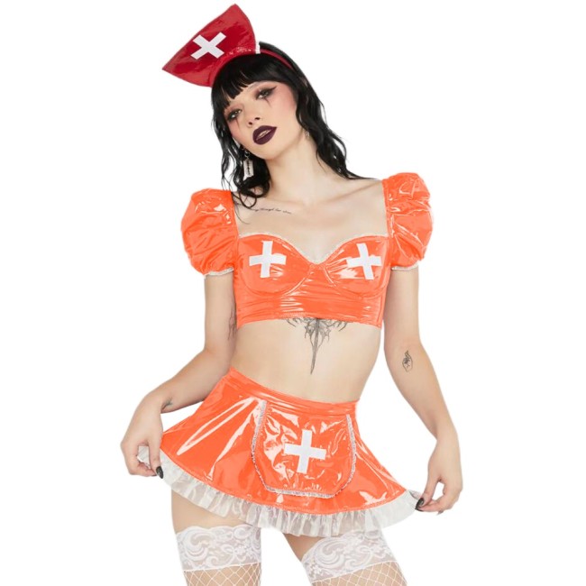 Fetish PVC Sexy Nurse Dress Sets Shiny Leather Frilly Puff Sleeve Crop Top Mini Skirt Party Cosplay Outfits Clubwear For Women