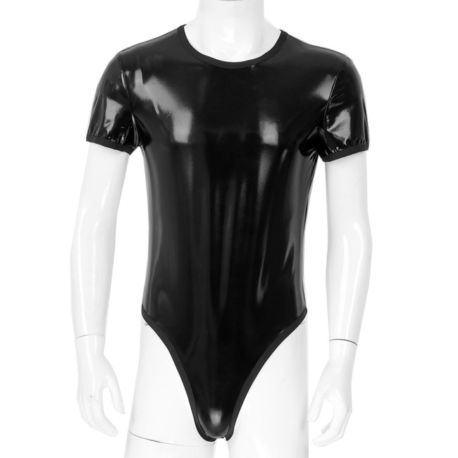 Faux leather O-Neck Catsuit Fashion stitching zip-back bodysuit sissy romper Shiny PVC Leather Wet Look Jumpsuit Club Costume