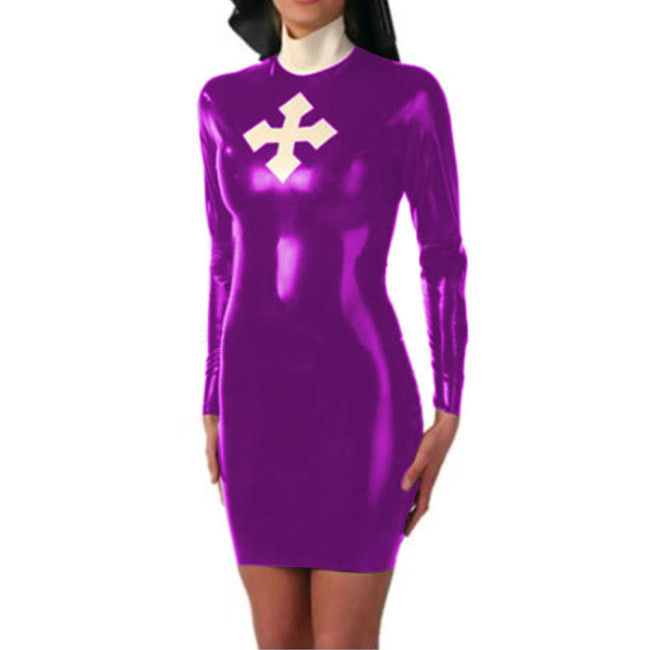 Sexy Mini Faux Leather Nun Dress With Cross Shiny PVC Long Sleeves Bodycon Nun Dress Uniform Clubwear Halloween Nun Costumes