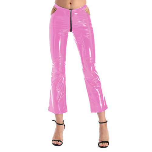 Sexy Zippered Crotch Flare Pants Women Shiny PVC Mid-waist Hollow Out Slim Trousers Faux Leather Bell-bottom Pants Clubwear