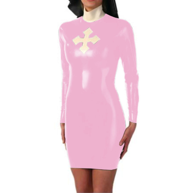 Sexy Mini Faux Leather Nun Dress With Cross Shiny PVC Long Sleeves Bodycon Nun Dress Uniform Clubwear Halloween Nun Costumes
