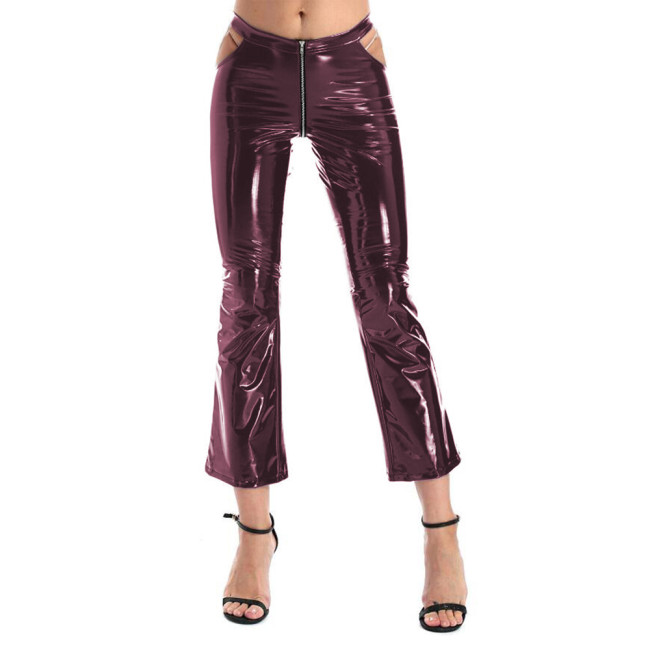 Sexy Zippered Crotch Flare Pants Women Shiny PVC Mid-waist Hollow Out Slim Trousers Faux Leather Bell-bottom Pants Clubwear