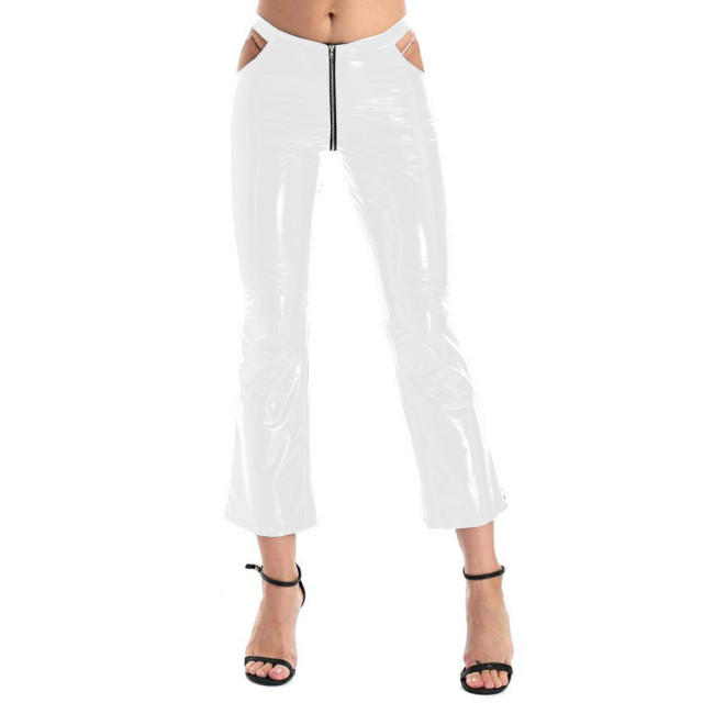 Sexy Zippered Crotch Flare Pants Women Shiny PVC Mid-waist Hollow Out Slim Trousers Faux Leather Bell-bottom Pants Clubwear