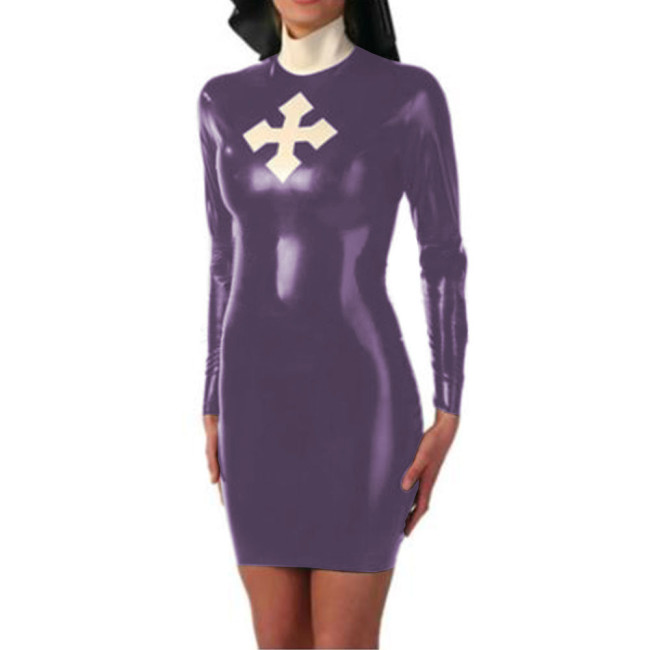 Sexy Mini Faux Leather Nun Dress With Cross Shiny PVC Long Sleeves Bodycon Nun Dress Uniform Clubwear Halloween Nun Costumes