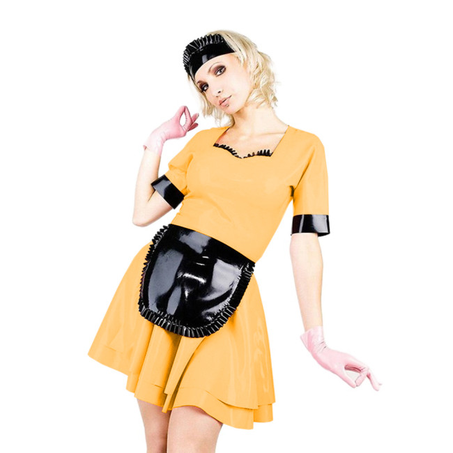 Sexy French Maid PVC Leather Dress With Black Apron Double Layer Skater Skirts Dress Sissy Uniform Lolita Halloween Maid Outfit