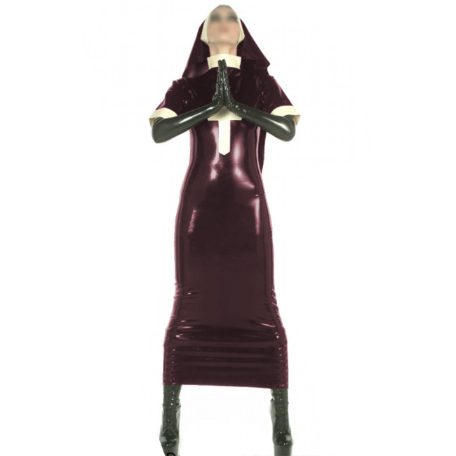 Women Saintlike Seductress Costume PVC Wetlook Nun Costume Faux Leather With Hood Religious Sister Halloween Cosplay Fancy Dress