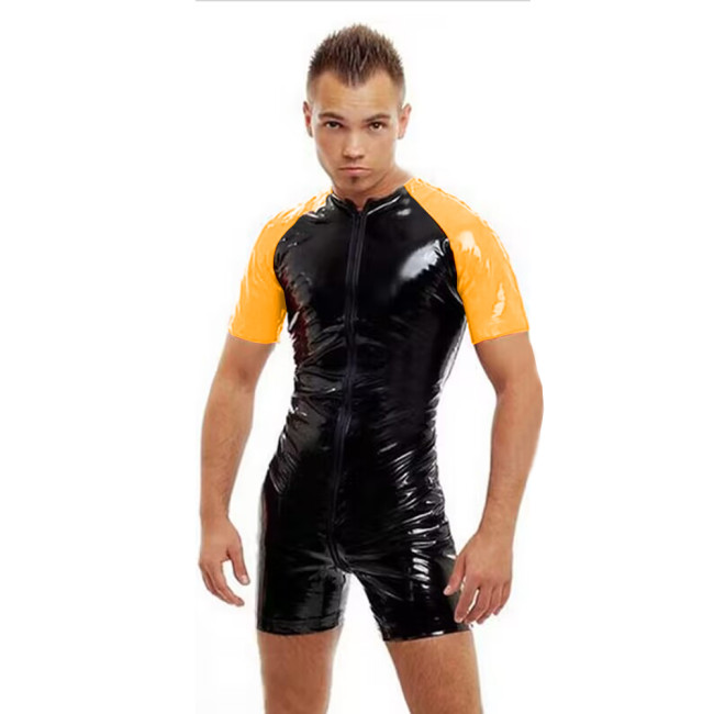 Mens Zipper Crotch PVC Leather Bodysuit Wet Look Shiny Faux Leather O-neck Leotard Patchwork Short Sleeve Catsuits Clubwear 7XL