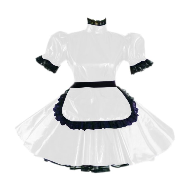 Shiny Patent Leather Lolita Maid Dress for Women Adult Puff Sleeve Black Lace Trims Mini Dress With Apron Maid Cosplay Costume
