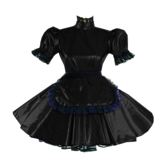Shiny Patent Leather Lolita Maid Dress for Women Adult Puff Sleeve Black Lace Trims Mini Dress With Apron Maid Cosplay Costume