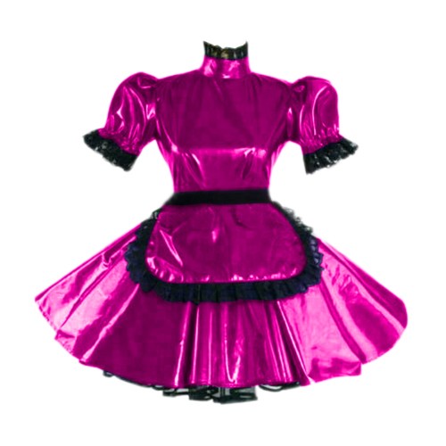 Shiny Patent Leather Lolita Maid Dress for Women Adult Puff Sleeve Black Lace Trims Mini Dress With Apron Maid Cosplay Costume