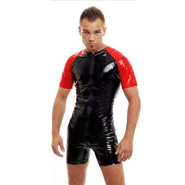 Mens Zipper Crotch PVC Leather Bodysuit Wet Look Shiny Faux Leather O-neck Leotard Patchwork Short Sleeve Catsuits Clubwear 7XL