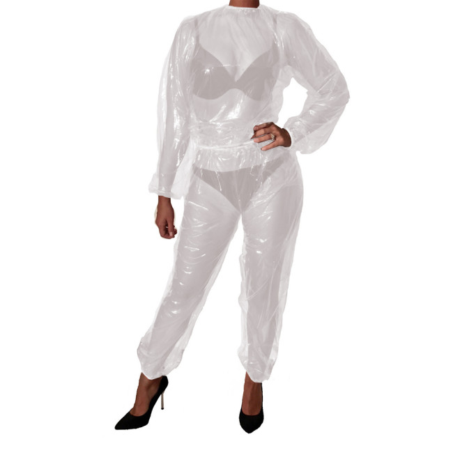 Unisex Fetish Plastic Two Piece Overalls Sexy Clear PVC Loose Tops Trousers Set Elasticated Waist Cuffs And Ankles Erotic Outfit