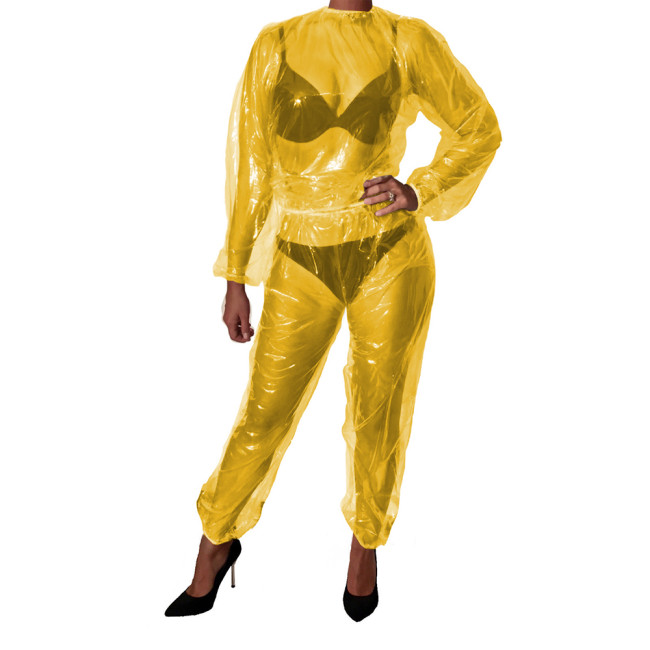 Unisex Fetish Plastic Two Piece Overalls Sexy Clear PVC Loose Tops Trousers Set Elasticated Waist Cuffs And Ankles Erotic Outfit