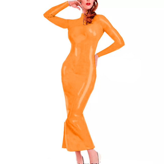 Sexy PVC Mermaid Dresses Women Long Sleeve Bodycon Maxi Dress Retro High Neck Faux Leather Clubwear Long Dress Skinny Vestido