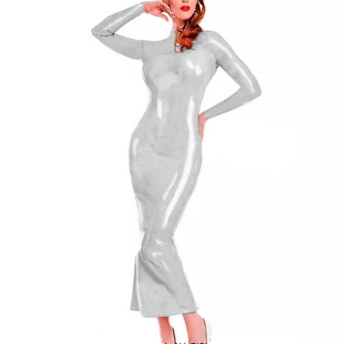 Sexy PVC Mermaid Dresses Women Long Sleeve Bodycon Maxi Dress Retro High Neck Faux Leather Clubwear Long Dress Skinny Vestido