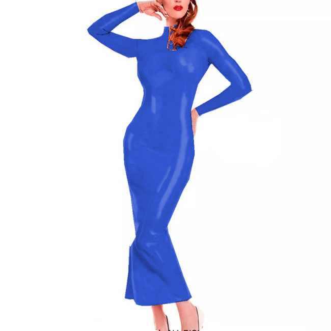 Sexy PVC Mermaid Dresses Women Long Sleeve Bodycon Maxi Dress Retro High Neck Faux Leather Clubwear Long Dress Skinny Vestido