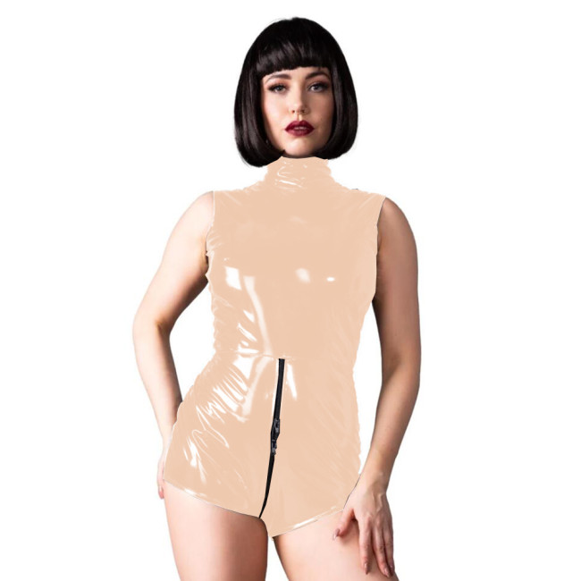 Sexy Women PVC Leather Bodycon Rompers Sleeveless Zipper Exotic Skinny Playsuits Night Club Faux Latex Bodysuit Short Jumpsuit