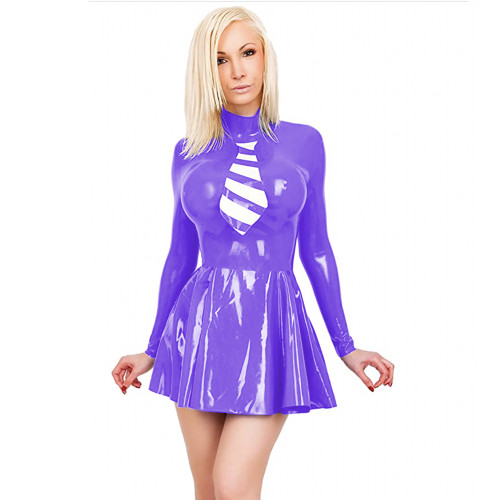 Womens Ladies Faux Leather Pleated Mini Dress Long Sleeve Wet Look Dress A-line Vintage Steampunk PVC Patent Leather Clubwear