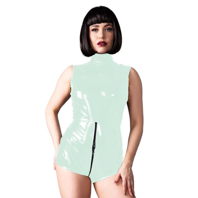 Sexy Women PVC Leather Bodycon Rompers Sleeveless Zipper Exotic Skinny Playsuits Night Club Faux Latex Bodysuit Short Jumpsuit