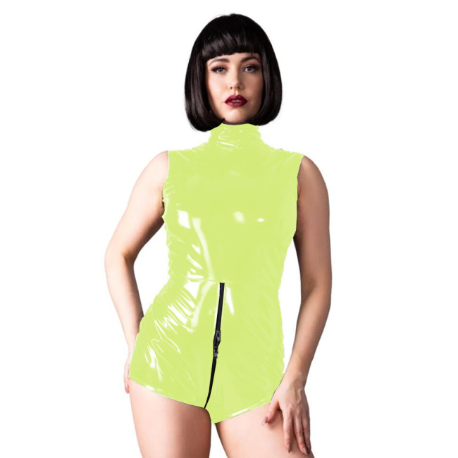 Sexy Women PVC Leather Bodycon Rompers Sleeveless Zipper Exotic Skinny Playsuits Night Club Faux Latex Bodysuit Short Jumpsuit