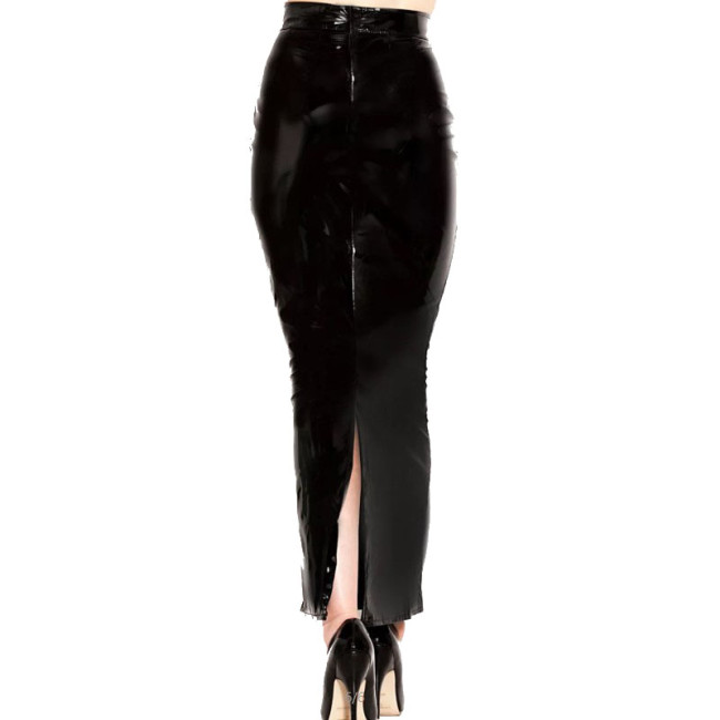 High Quality Plus Skinny Ankle Length Latex Skirt Women Faux Leather PVC Long Skirt Party Stage Back Zip Split Pencil Skirt