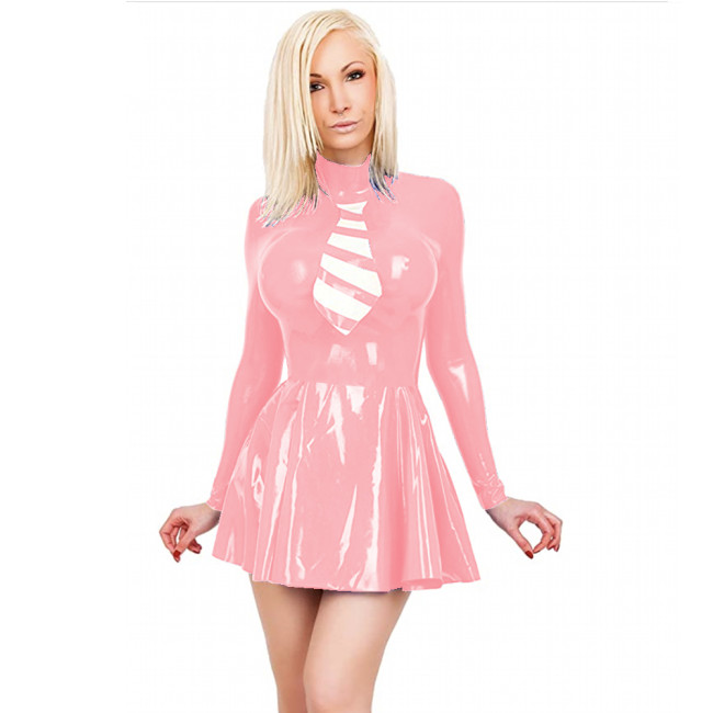 Womens Ladies Faux Leather Pleated Mini Dress Long Sleeve Wet Look Dress A-line Vintage Steampunk PVC Patent Leather Clubwear