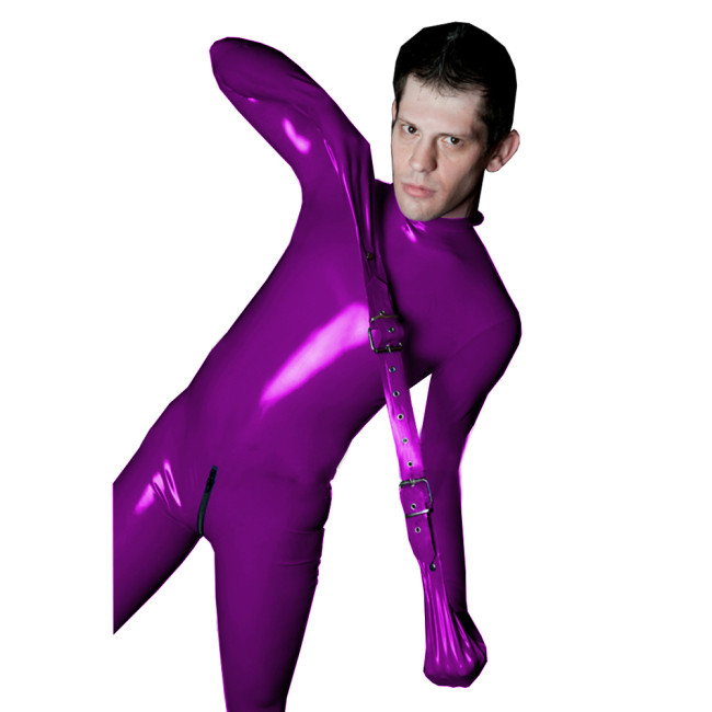 Men Bondage Clothes PVC Adult Sex Game Costume Zipper Crotch Wetlook Zentai Cosplay Full Bodysuit Unitard Jumpsuit Buckle Suit