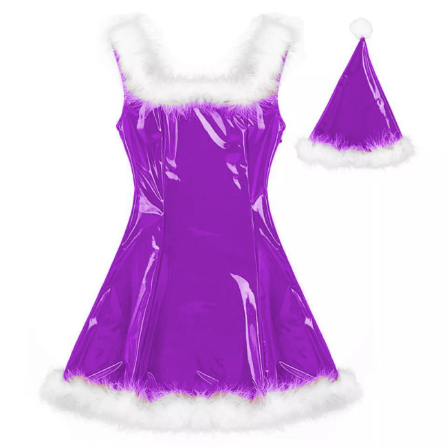 22 Colors Women PVC Mini Dress Sleeveless Shiny Faux Leather Club Dresses Sexy Santa Claus Cosplay Christmas Costume With Hat