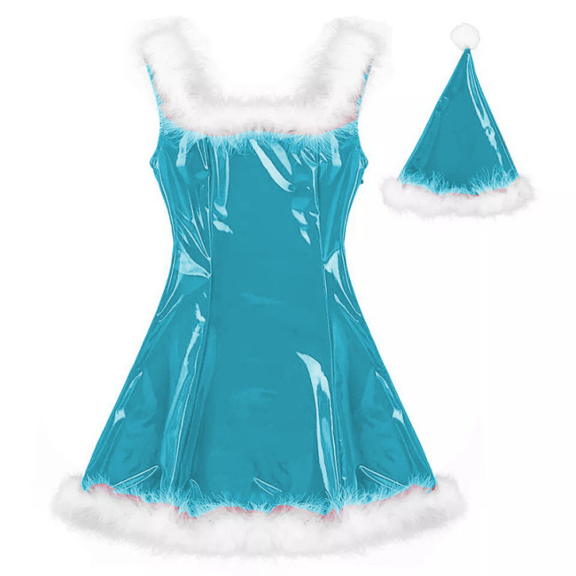 22 Colors Women PVC Mini Dress Sleeveless Shiny Faux Leather Club Dresses Sexy Santa Claus Cosplay Christmas Costume With Hat