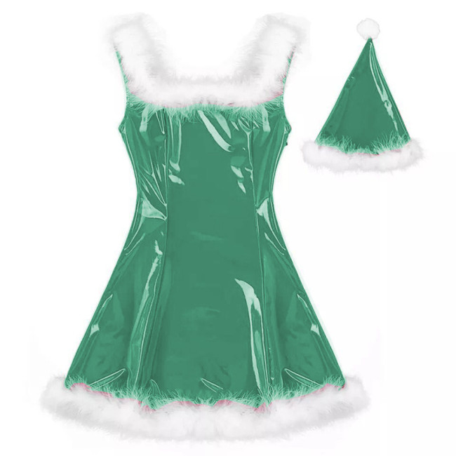 22 Colors Women PVC Mini Dress Sleeveless Shiny Faux Leather Club Dresses Sexy Santa Claus Cosplay Christmas Costume With Hat