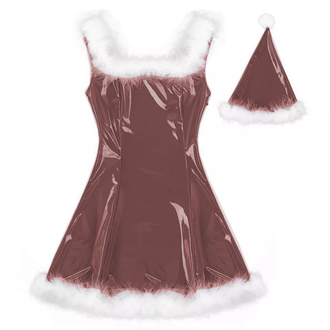22 Colors Women PVC Mini Dress Sleeveless Shiny Faux Leather Club Dresses Sexy Santa Claus Cosplay Christmas Costume With Hat
