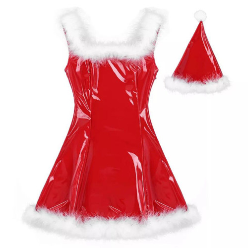 22 Colors Women PVC Mini Dress Sleeveless Shiny Faux Leather Club Dresses Sexy Santa Claus Cosplay Christmas Costume With Hat