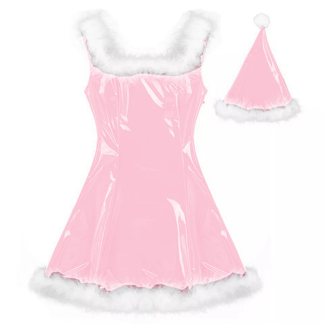 22 Colors Women PVC Mini Dress Sleeveless Shiny Faux Leather Club Dresses Sexy Santa Claus Cosplay Christmas Costume With Hat