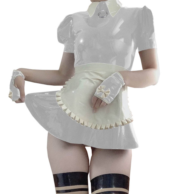 Women Puff Sleeve A-line PVC Maid Mini Dress with Apron Sexy Exotic Shiny Faux Leather French Maid Dress Servant Cosplay Costume