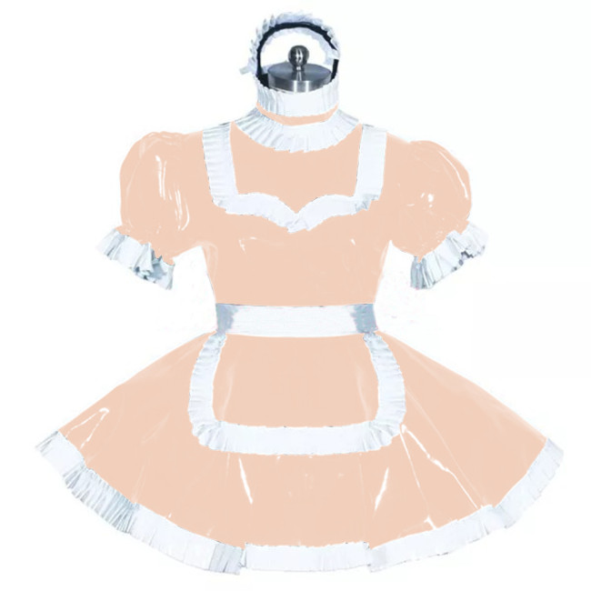 Sissy Lockable Frech Maid Dress White Trimming Turtleneck Short Sleeve PVC Leather Maid Dress Fancy Role Play Outfit with Apron