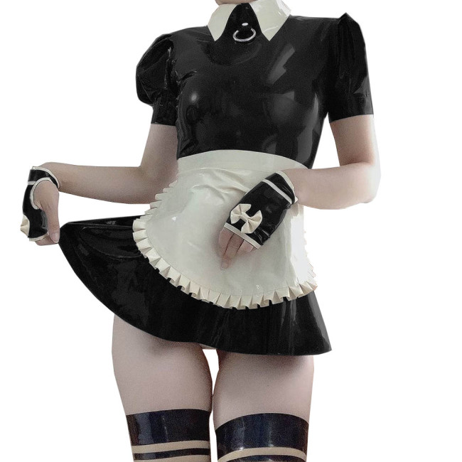 Women Puff Sleeve A-line PVC Maid Mini Dress with Apron Sexy Exotic Shiny Faux Leather French Maid Dress Servant Cosplay Costume