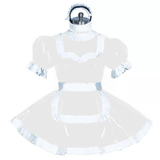 Sissy Lockable Frech Maid Dress White Trimming Turtleneck Short Sleeve PVC Leather Maid Dress Fancy Role Play Outfit with Apron
