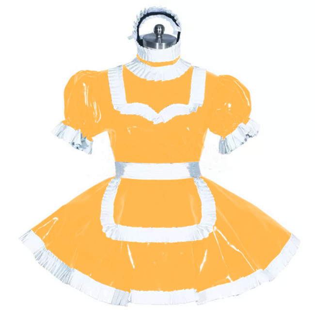 Sissy Lockable Frech Maid Dress White Trimming Turtleneck Short Sleeve PVC Leather Maid Dress Fancy Role Play Outfit with Apron